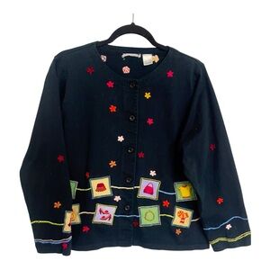 Vtg Michael Simon Button Up Jacket XL Black Colorful Embroidered Shopping